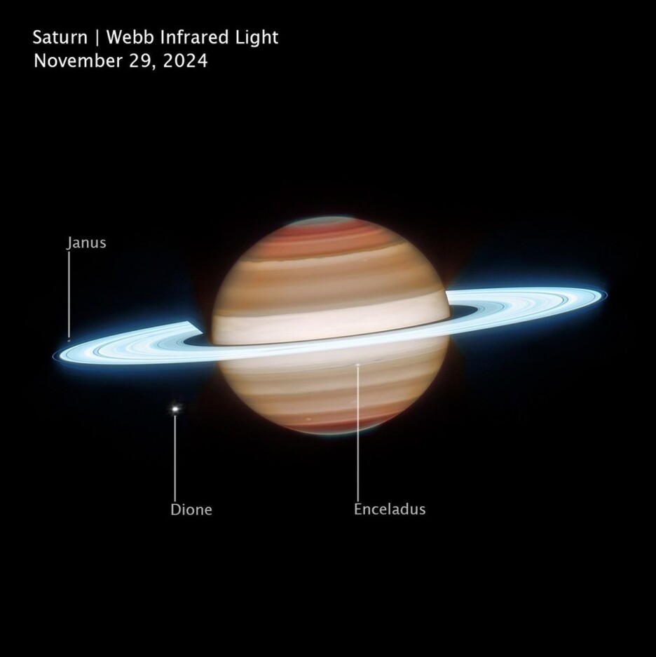 Ovaj infracrveni snimak Saturna, snimljen 29. novembra 2024. godine NASA-inim svemirskim teleskopom James Webb (Foto: NASA)