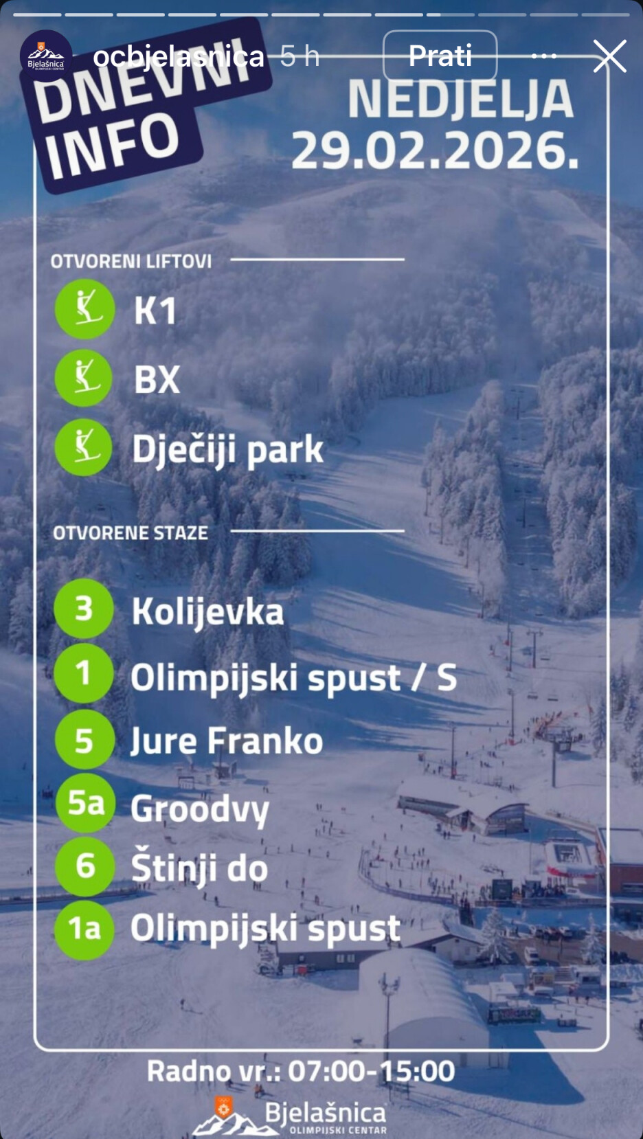 Iz Olimpijskog centra Bjelašnica pojasnili su koji liftovi i staze su otvoreni (Foto: Instagram)