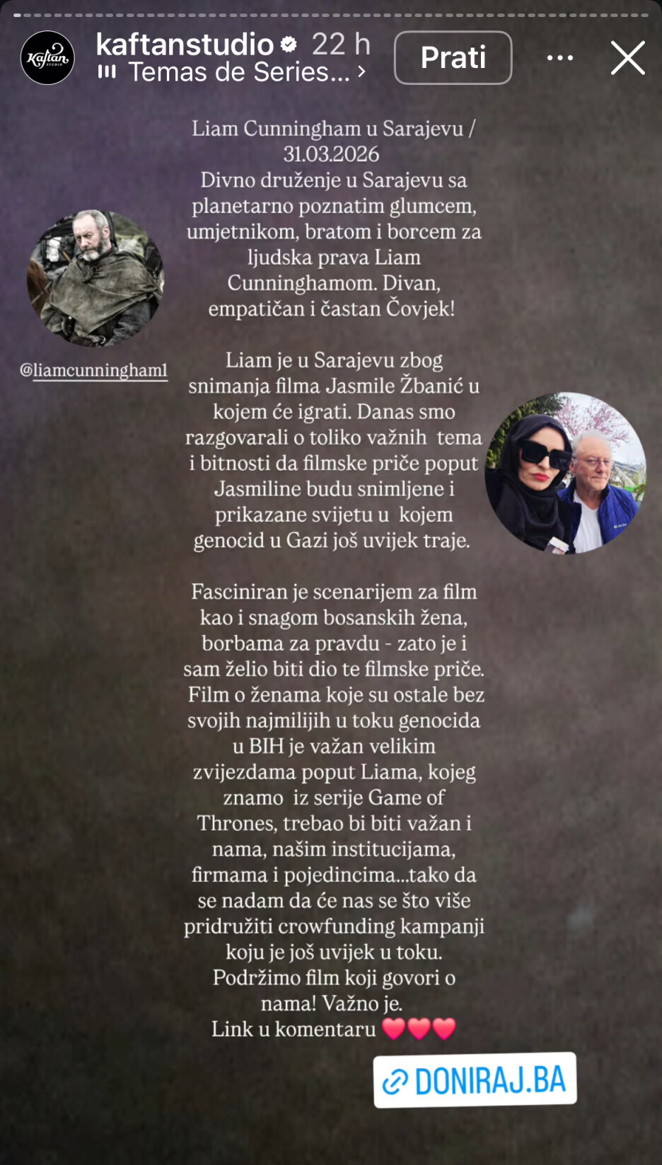 Cunningham je u Sarajevo stigao povodom snimanja filma 