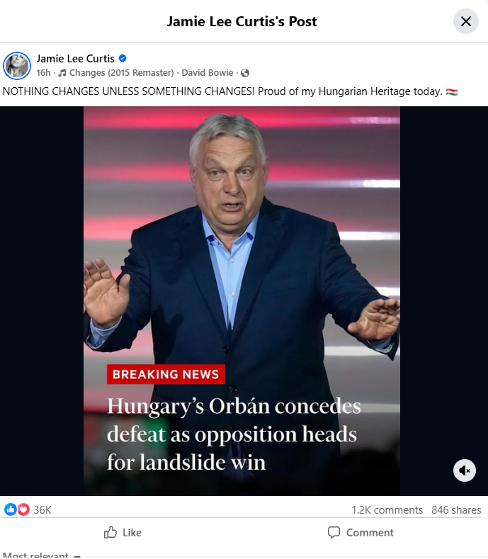 Jamie Lee Curtis objavila je screenshot vijesti (Screenshot/Facebook)