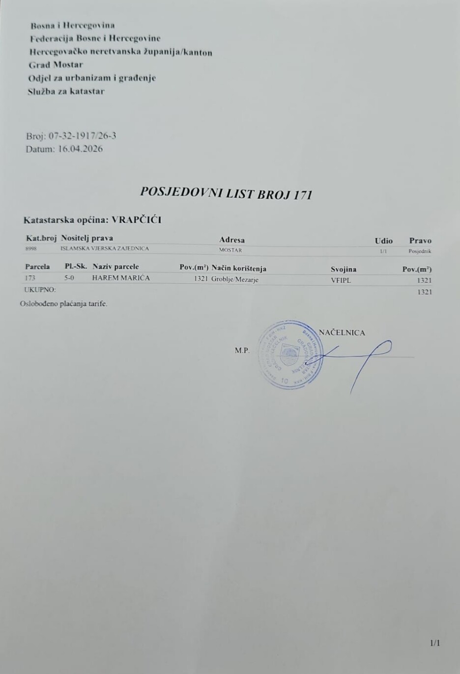 Posjedovni list broj 171 (Foto: Grad Mostar)