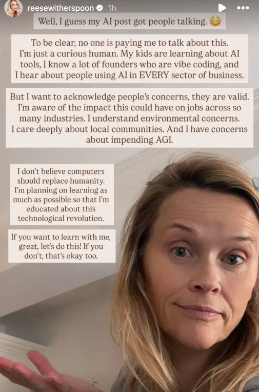 Witherspoon je napomenula da njena djeca uče o alatima umjetne inteligencije (Foto: Instagram/Screenshot)