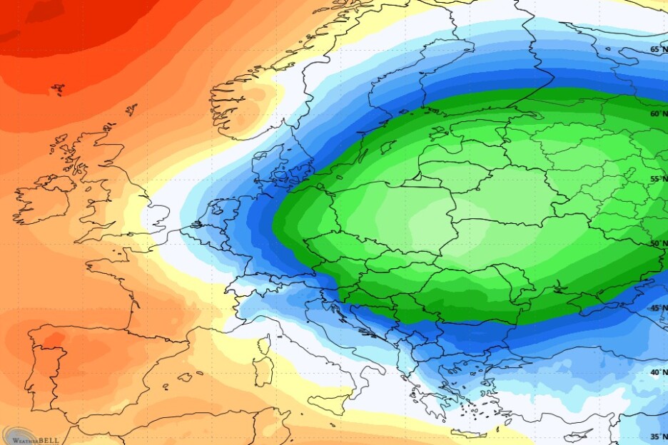 Na karti prikazano odstupanje temperatura od prosjeka krajem aprila i početkom maja, a naš dio Evrope je u hladnom sektoru (Foto: Bh. meteo)