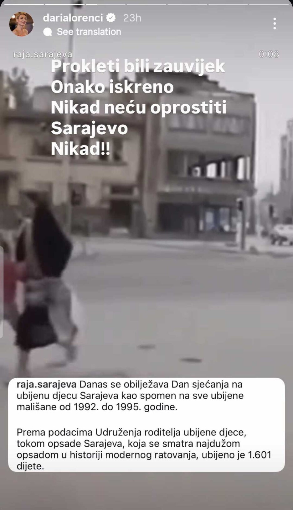 Daria Lorenci Flatz o ratu u Sarajevu (Screenshot: Instagram story)
