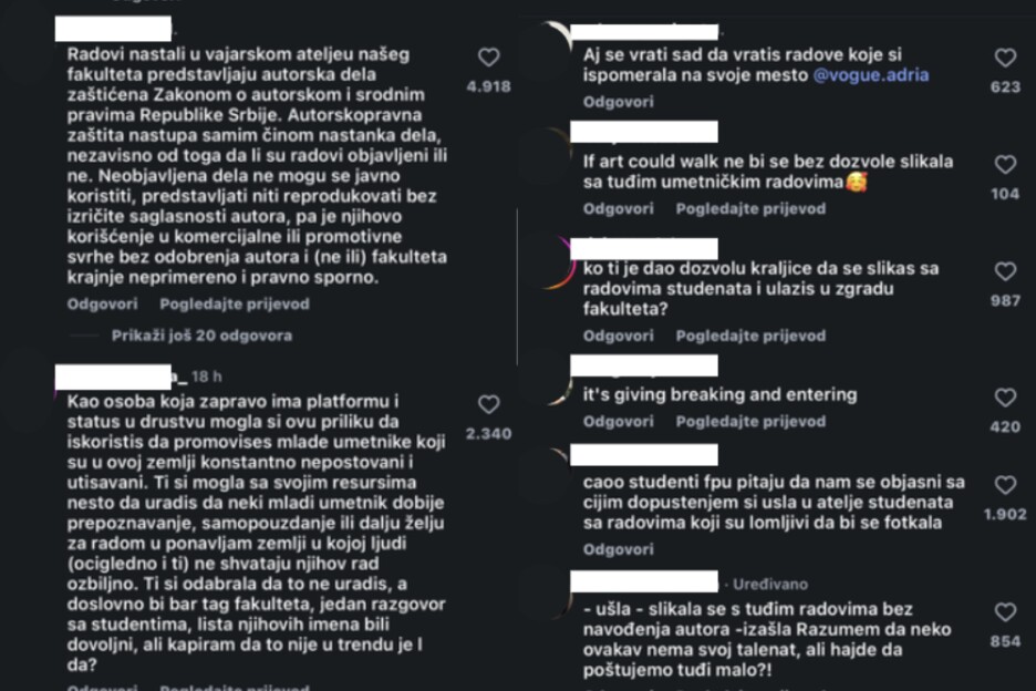 Komentari ispod Dunjine objave na Instagramu