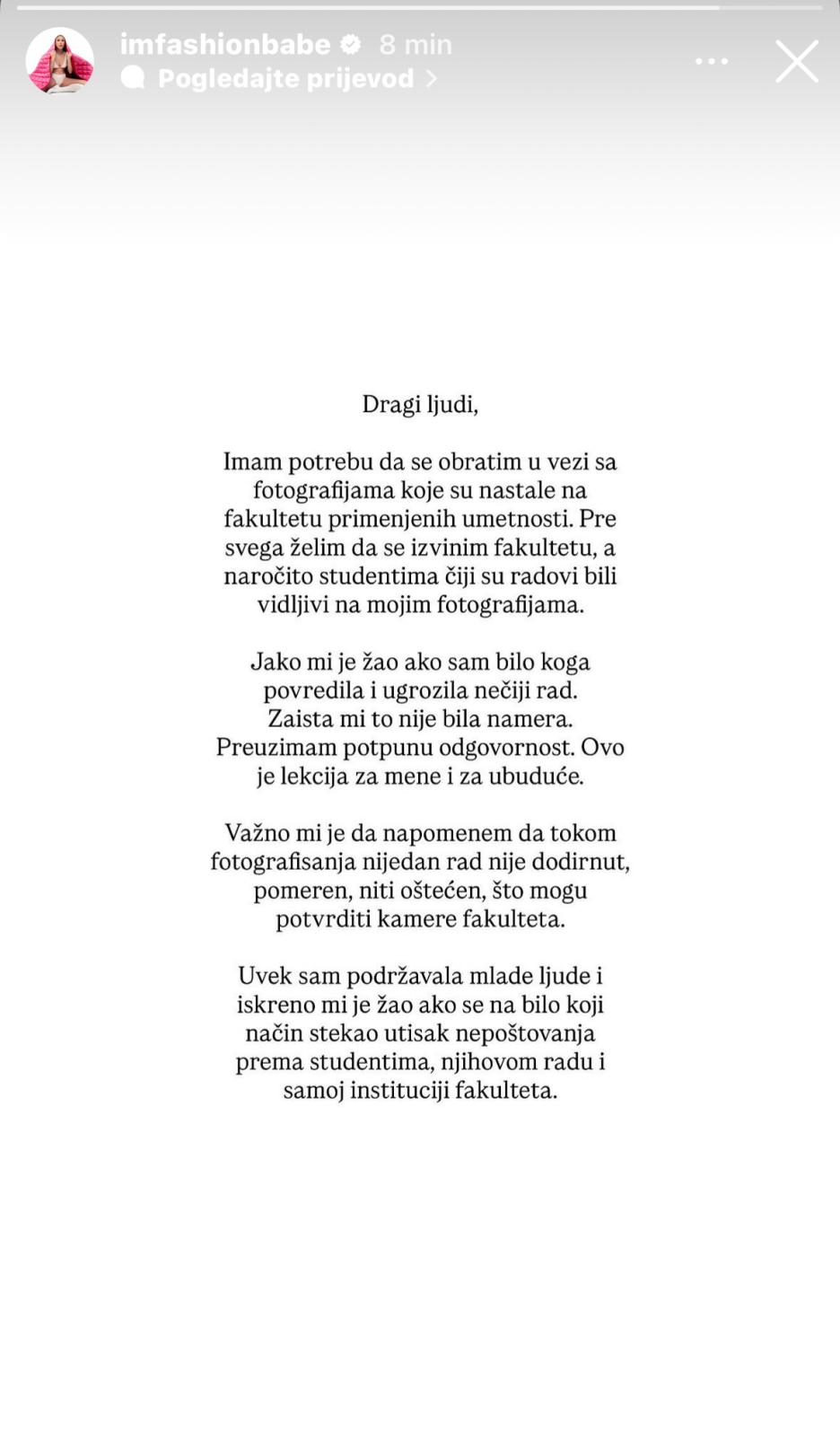 Poruka izvinjenja koju je podijelila Dunja na svom Instagram profilu