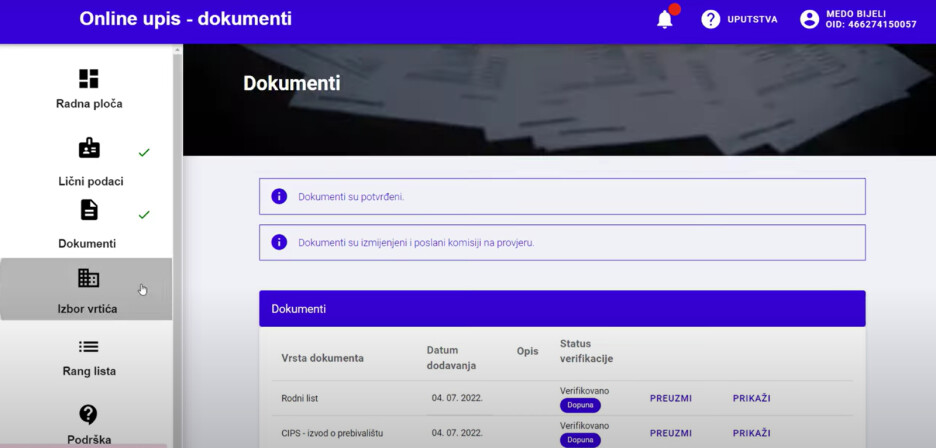 Dio EMIS sistema koji se odnosi na verifikaciju dokumenata
