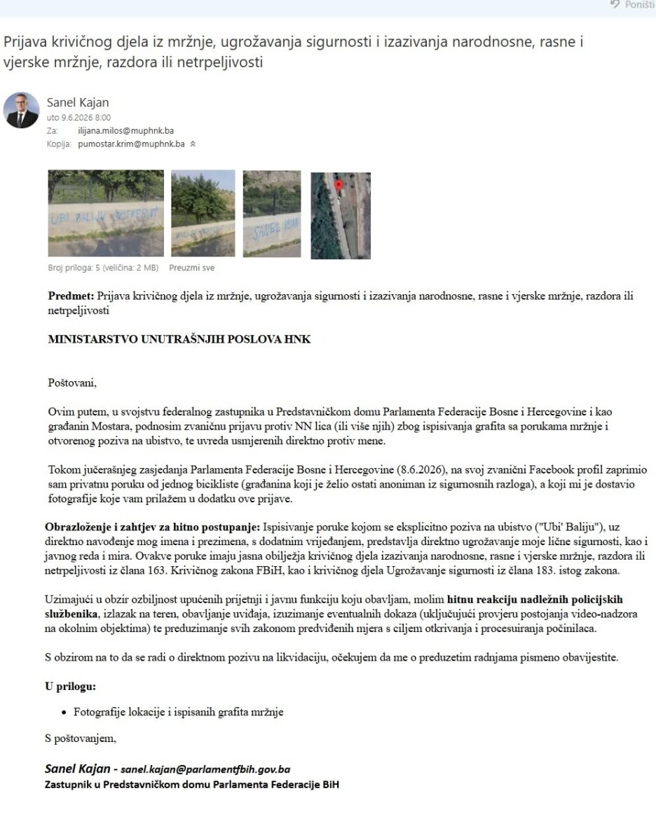 Prijava koju je federalni zastupnik Sanel Kajan uputio nadležnima