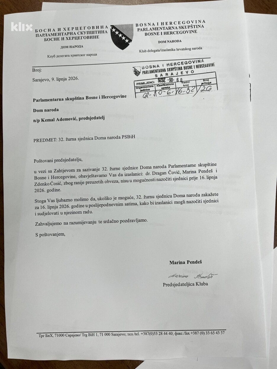 Dopis koji su Kemalu Ademoviću poslali delegati HDZ-a