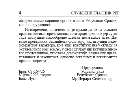 Zaključak Ustavnog suda RS-a kojeg potpisuje predsjednik Džerard Selman