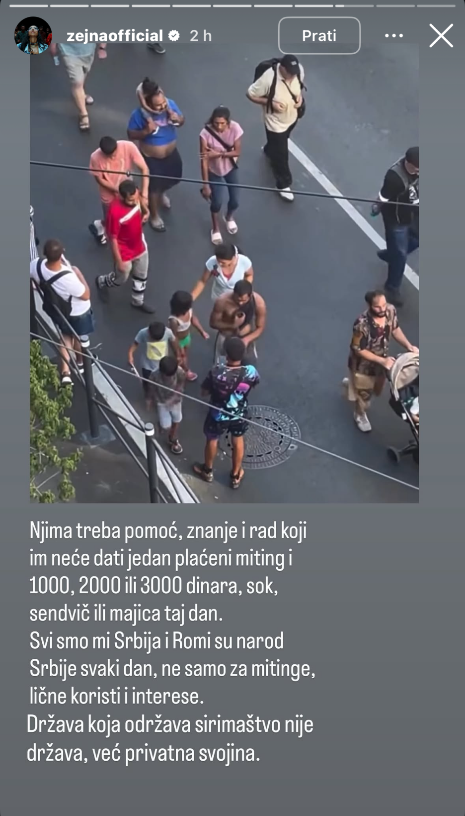 Zejnina poruka o mitingu SNS-a u Beogradu i angažovanju Roma (Screenshot/Instagram)