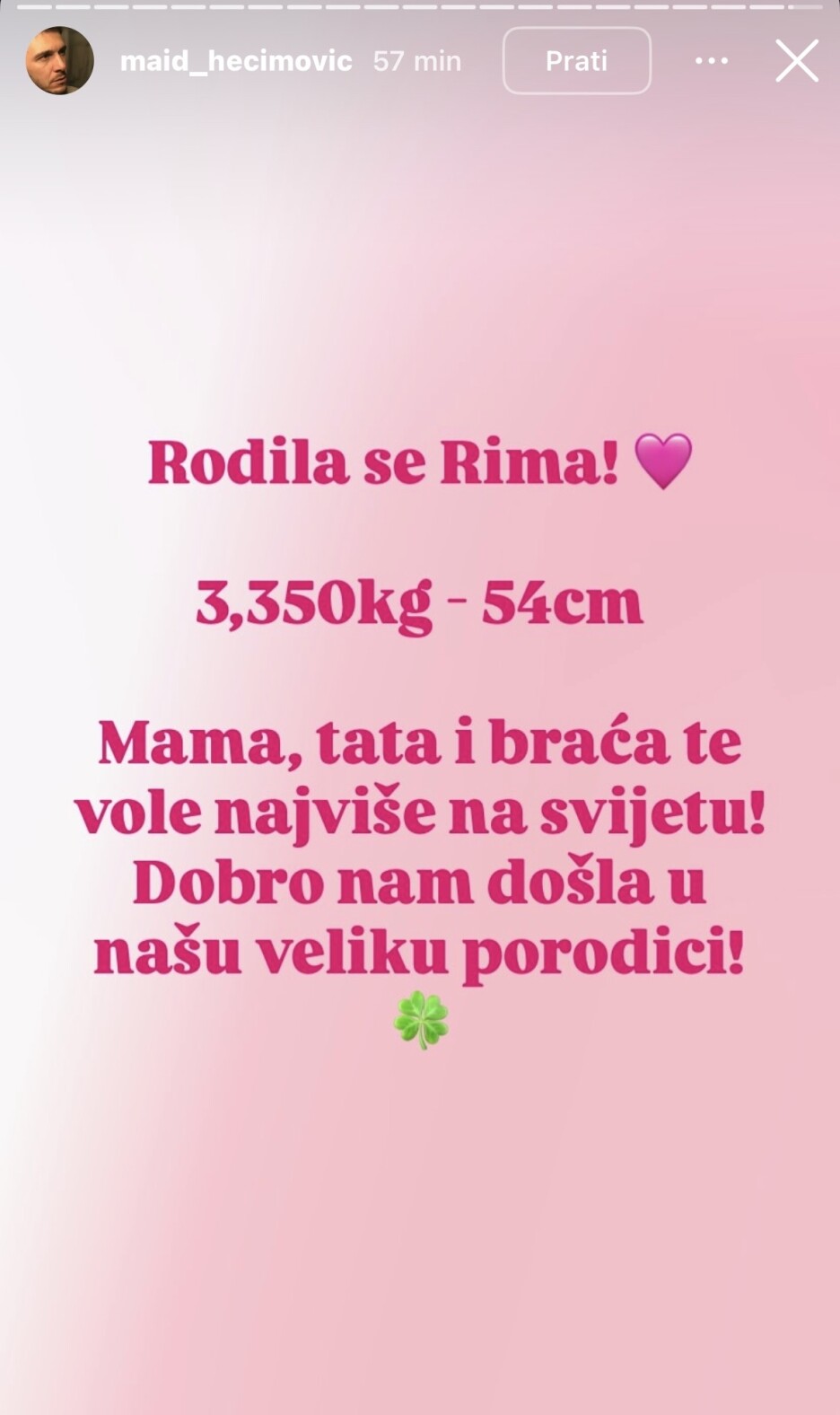 Obavijest Maida Hećimovića o rođenju kćerke (Foto: Instagram)