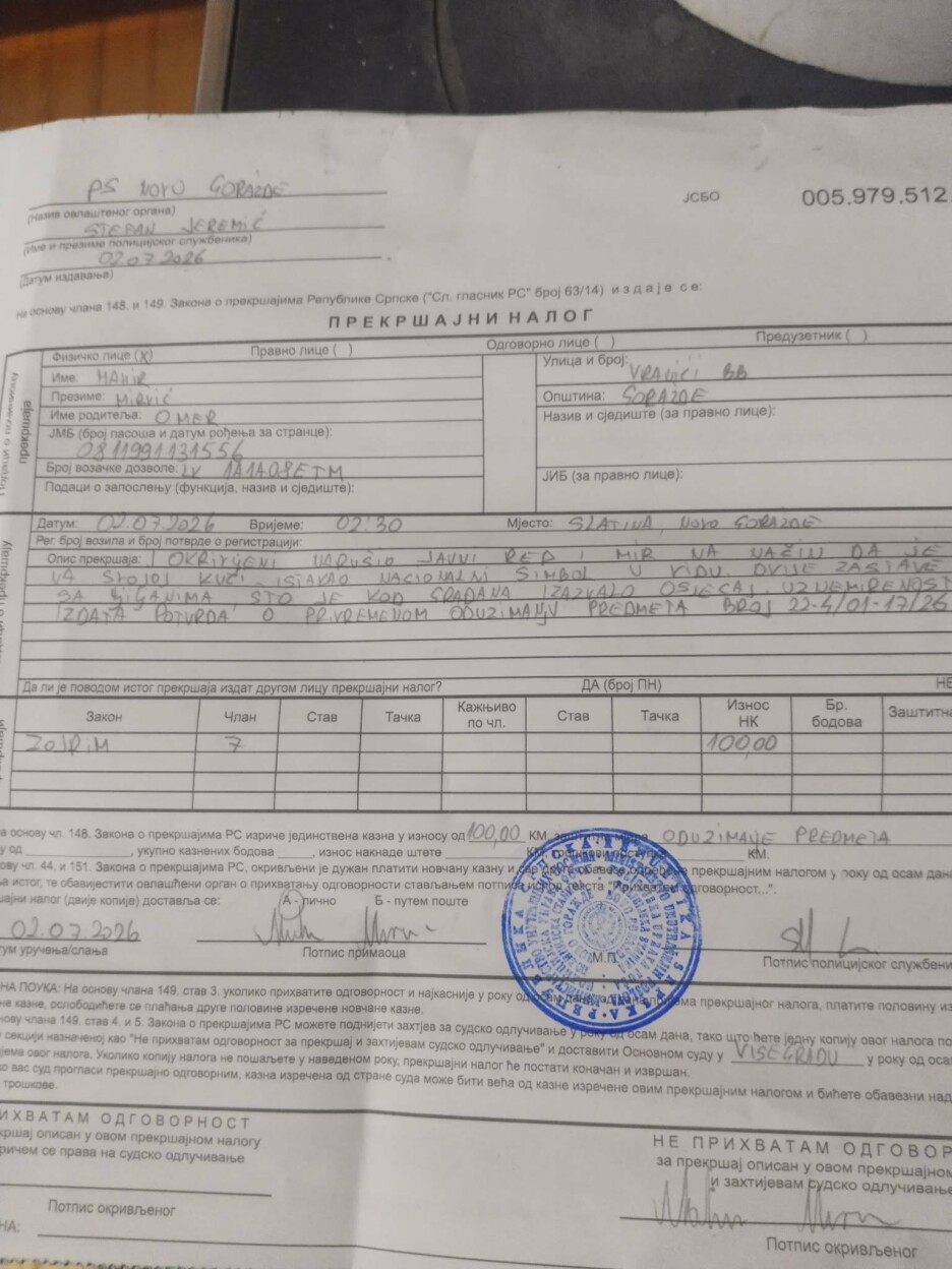 Prekršajni nalog Policijske stanice Novo Goražde (Foto: Facebook)
