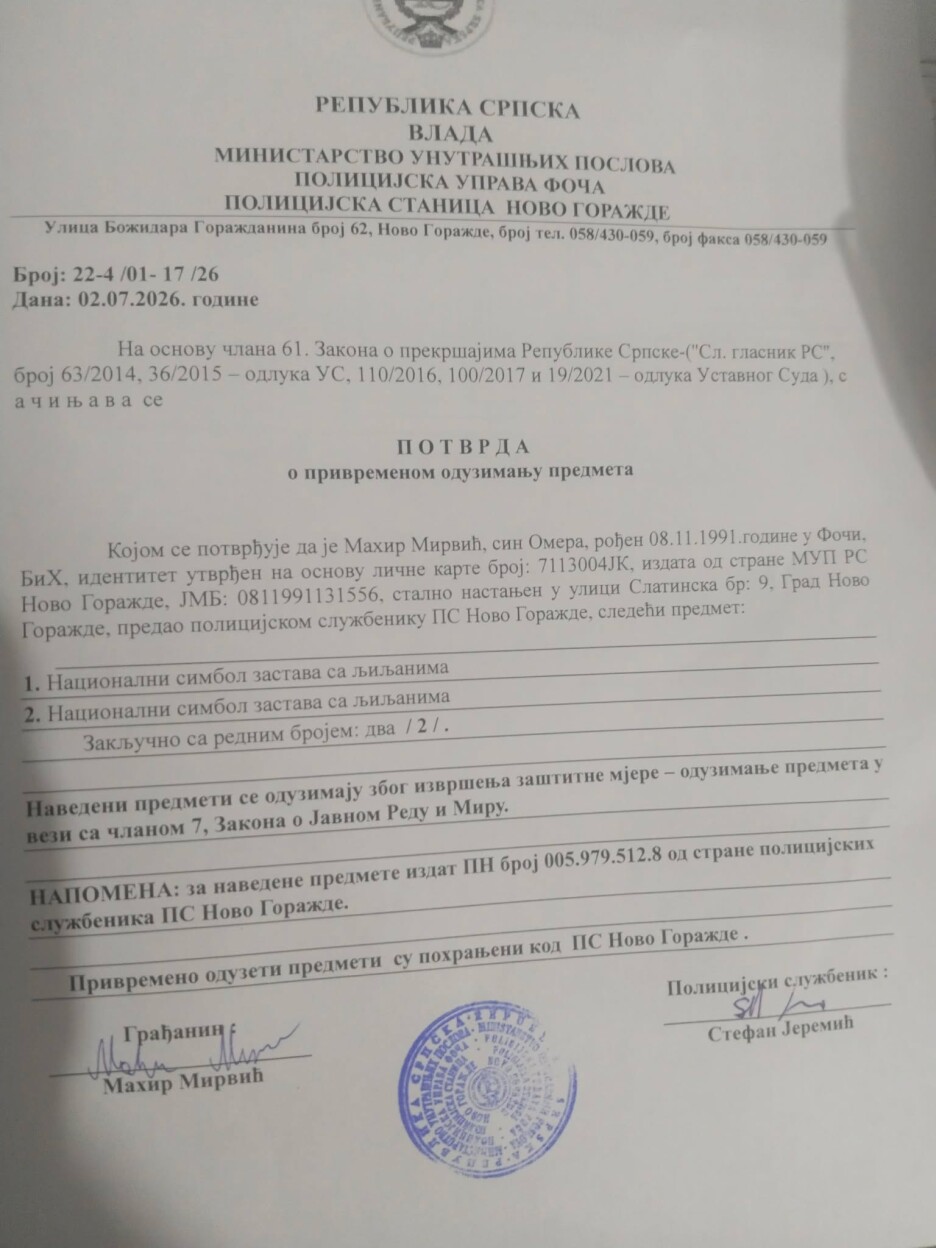 Prekršajni nalog Policijske stanice Novo Goražde (Foto: Facebook)