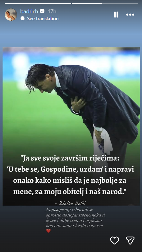 Nina Badrić zahvalila se Zlatku Daliću putem Instagram Storyja (Screenshot/Instagram)