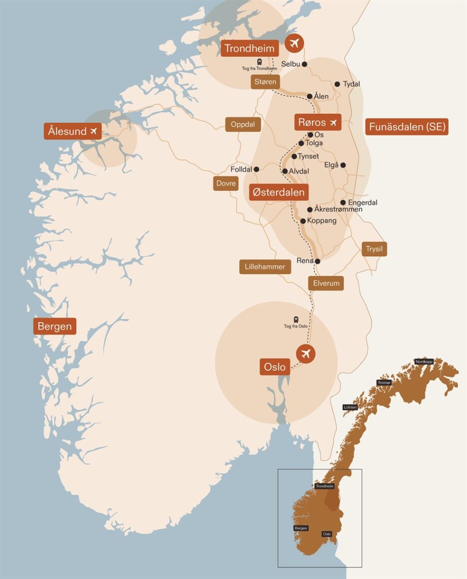 Røros je smješten nedaleko od granice sa Švedskom