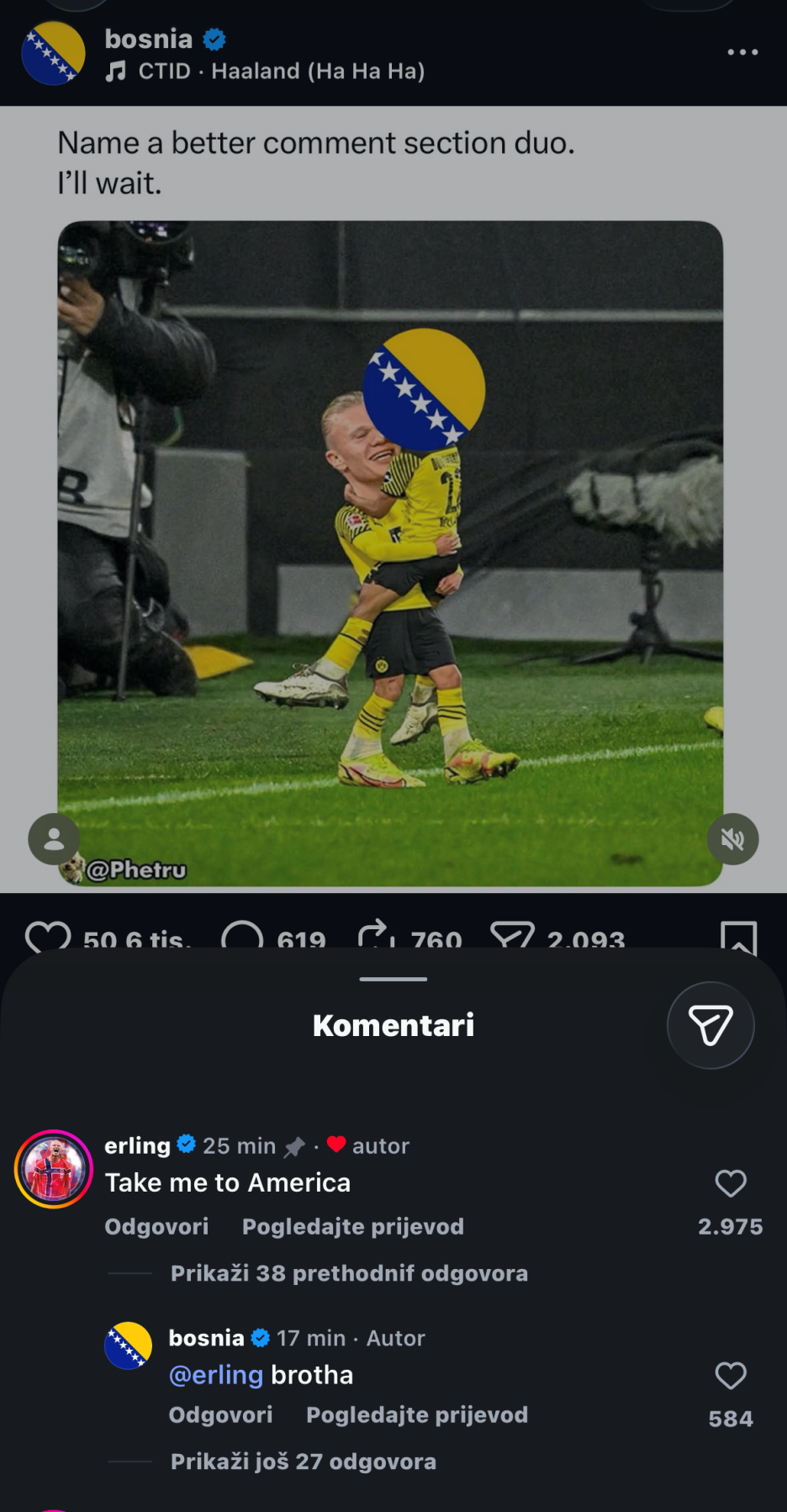 Erlingov komentar na objavu stranice Bosnia (Screenshot/Instagram)