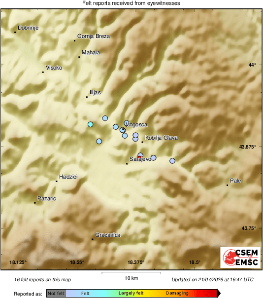 Mapa EMSC-a koja pokazuje lokaciju zemljotresa
