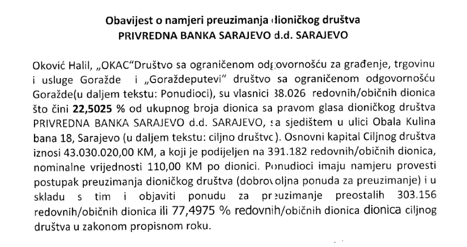 Obavijest o preuzimanju objavljena 26. juna (Foto: SASE)