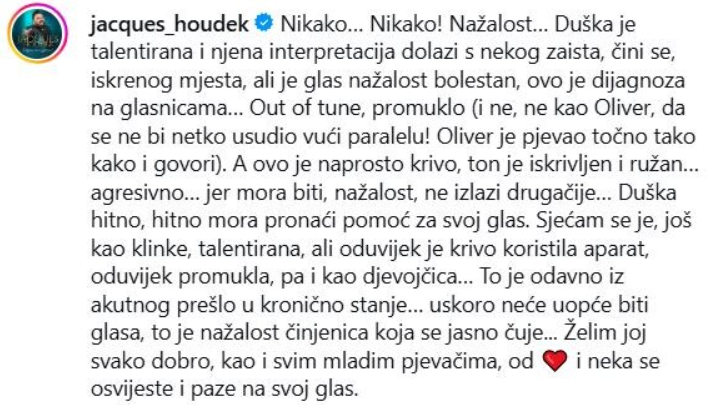 Houdekov komentar upućen Duški (Screenshot/Instagram)