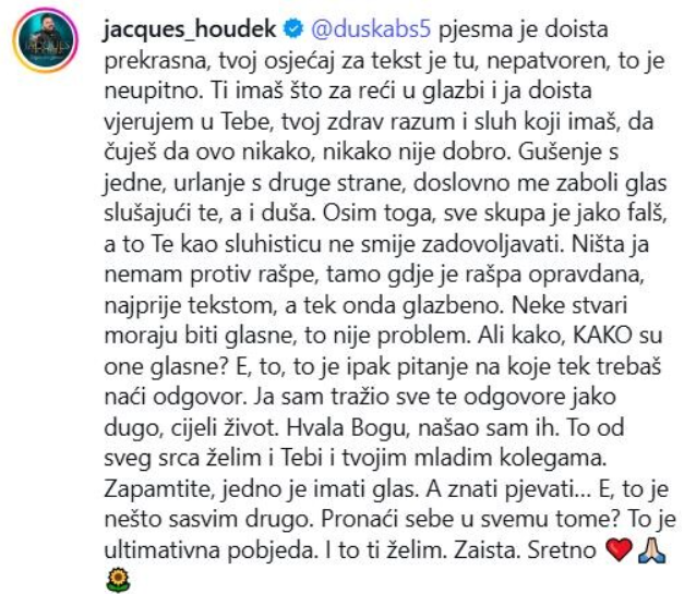 Houdek je poručio da je Duškino pjevanje bilo falš (Screenshot/Instagram)