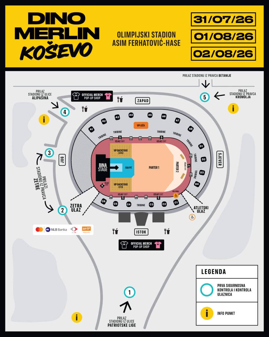 Mapa prikazuje raspored svih ulaza u stadion, kao i pristupne pravce