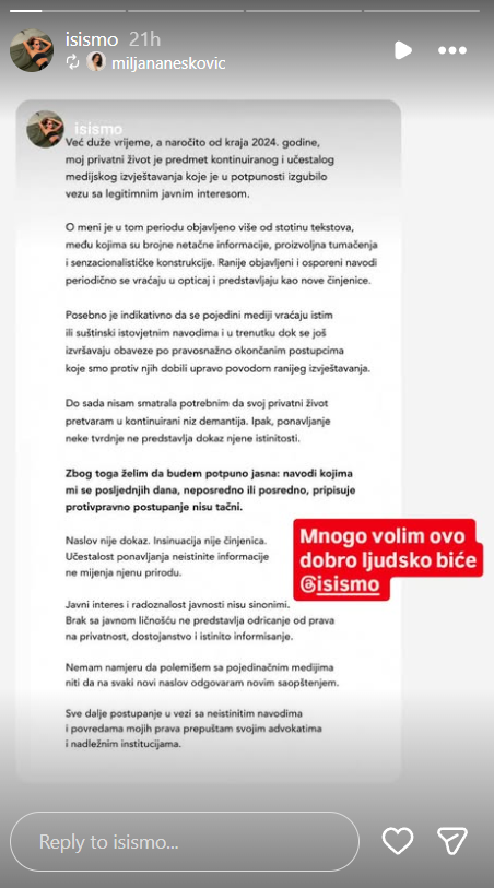 Mijanović se oglasila nakon pisanja srbijanskih medija (Screenshot/Instagram)