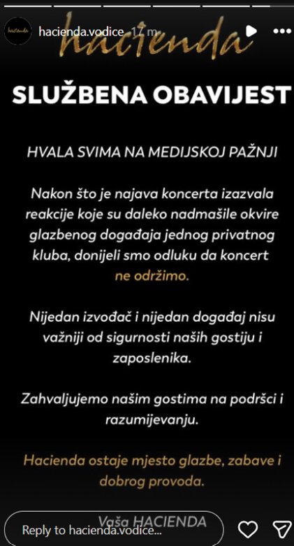 Saopćenje kluba Hacienda
