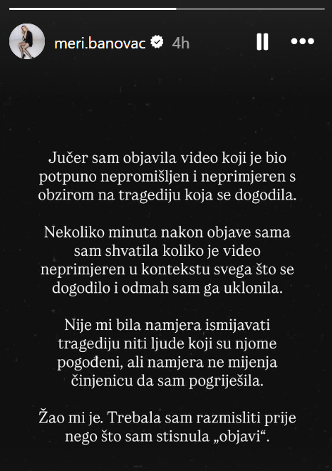 Meri uputila izvinjenje fanovima (Screenshot: Instagram)