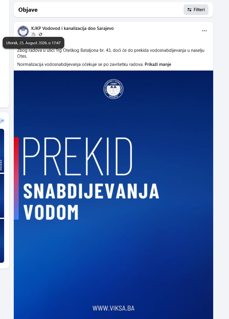 Posljednja obavijest na stranici ViK-a u utorak