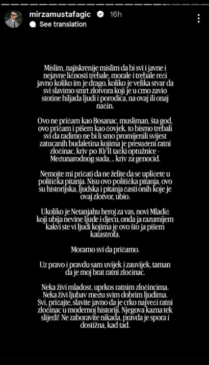 Story Mirze Mustafagića (Screenshot: Instagram)