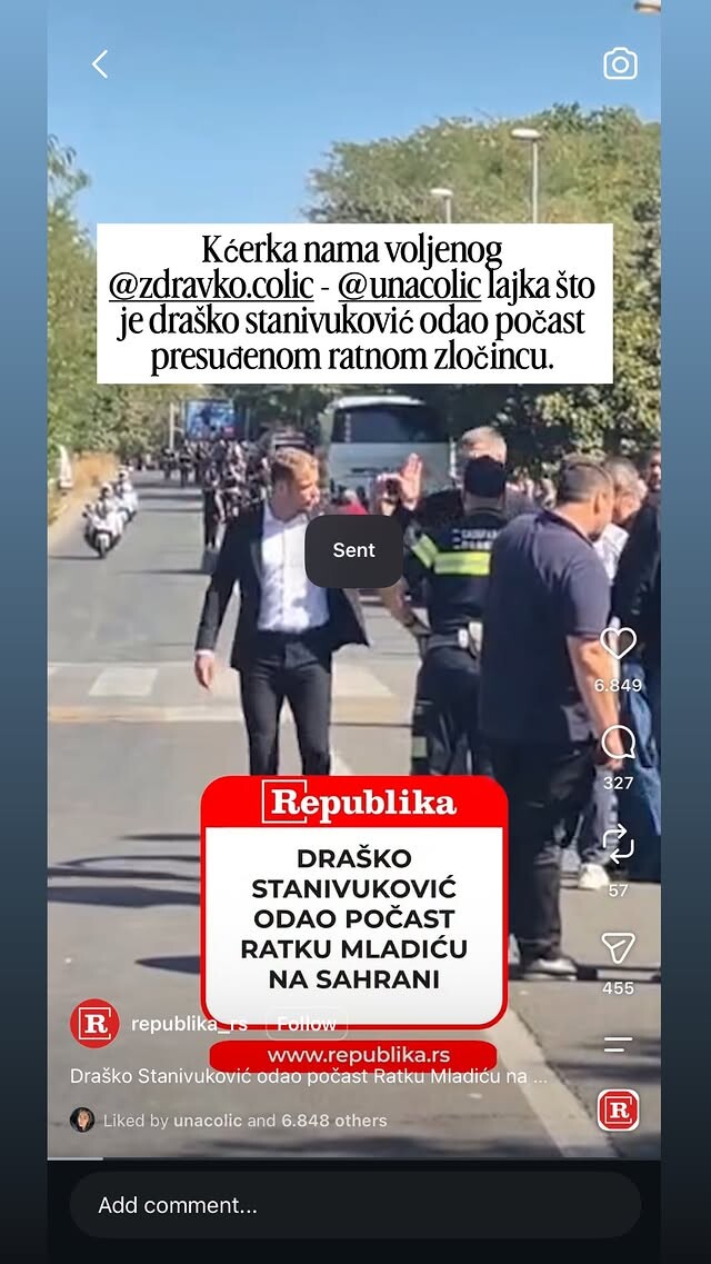Instagram story Mirze Mustafagića o objavi koju je lajkala Una Čolić (Screenshot: Instagram)