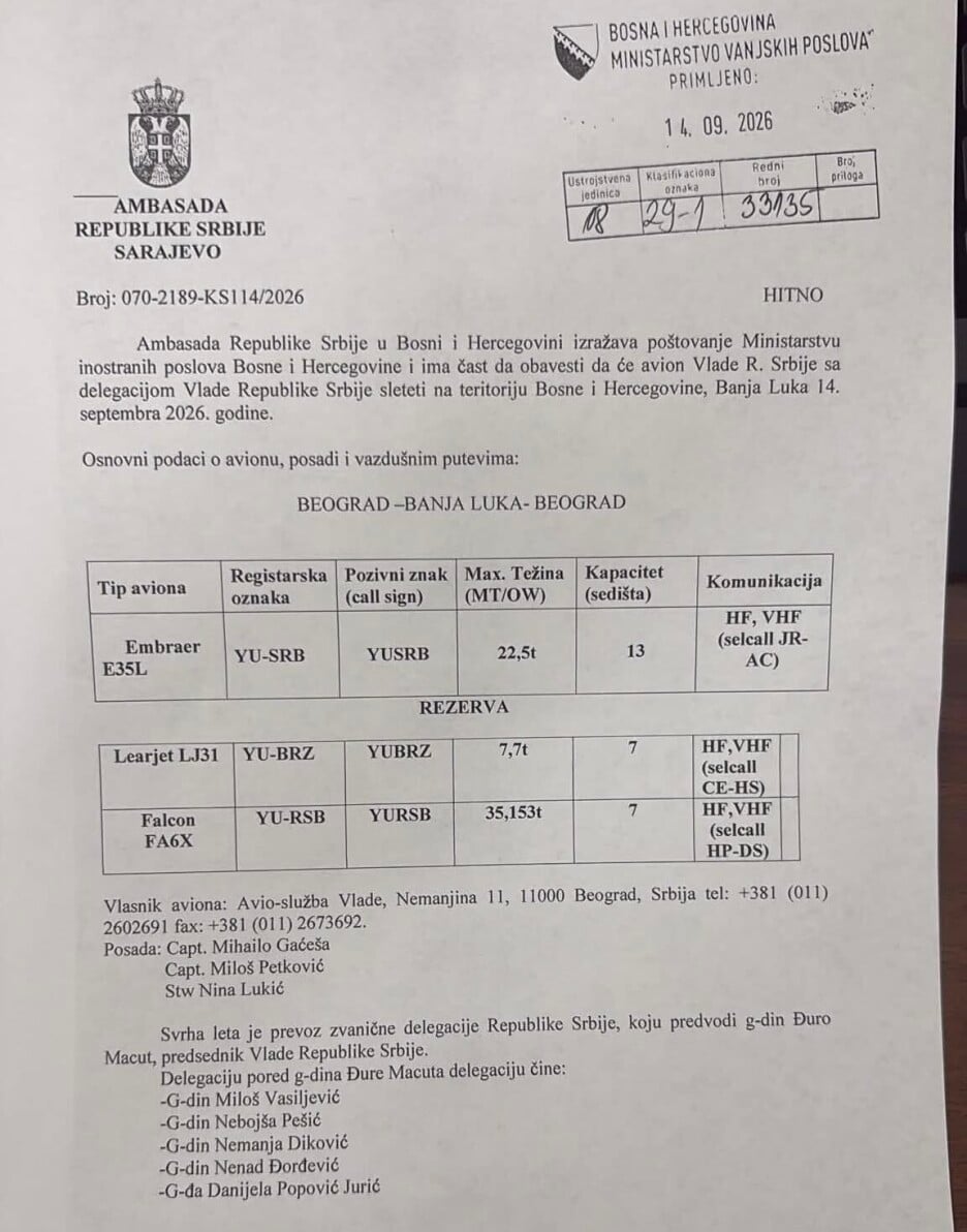 Dokument koji je Ambasada Srbije u BiH poslala Ministarstvu vanjskih poslova