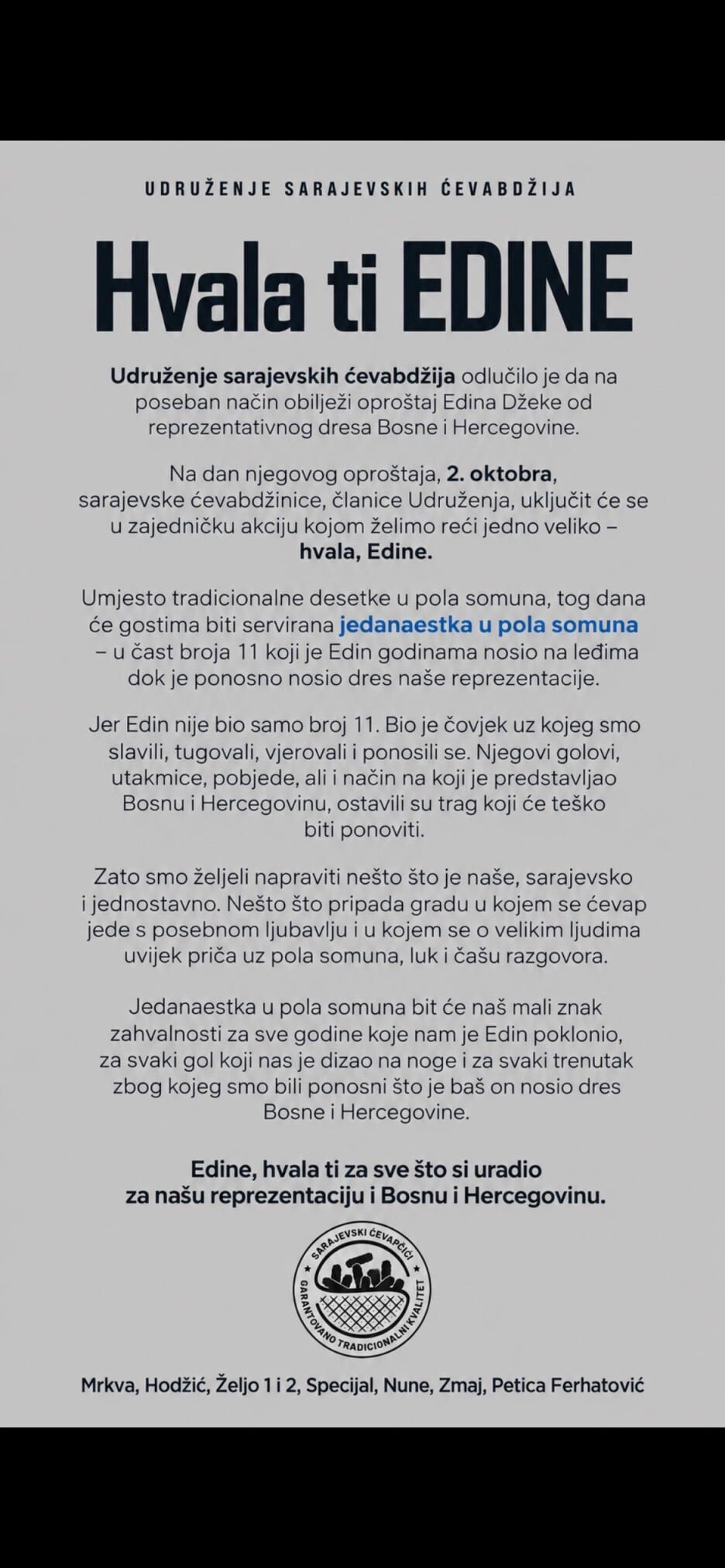 Poruka koju su sarajevske ćevabdžije posvetili Edinu Džeki