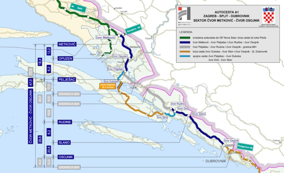 Planirana trasa autoceste A1 prema Dubrovniku, koja obuhvata i dionicu Rudine – Slano (Foto: HAC)