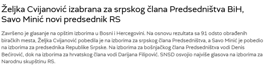 RTS o rezultatima izbora u BiH