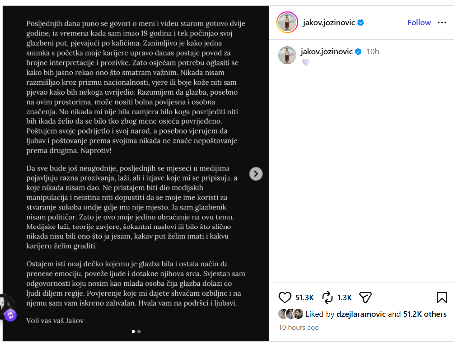 Džejla Ramović lajkala objavu Jakova Jozinovića (Foto: Screenshot/ Instagram)