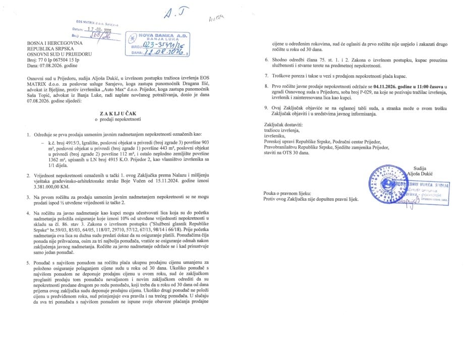 Zaključak o prodaji nepokretnosti - Auto Max d.o.o. Prijedor