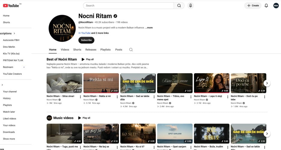 YouTube kanal projekta Noćni Ritam s najgledanijim spotovima (Screenshot: YouTube) (Foto: Klix.ba/Klix.ba)