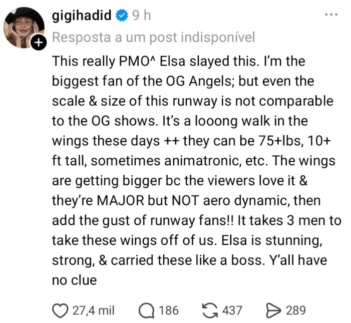 Objava Gigi Hadid (Screenshot/Threads)