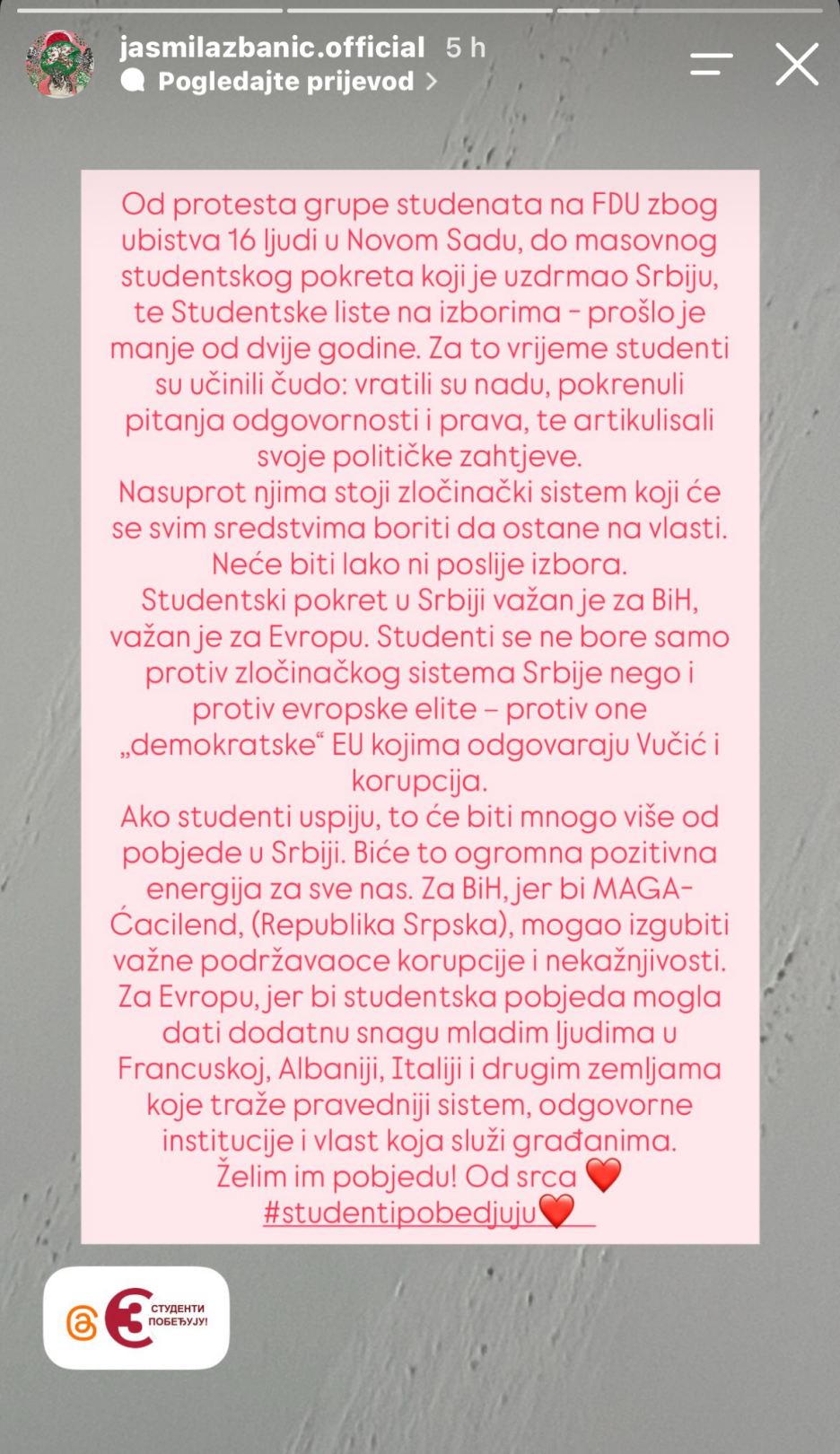 Poruka Jasmile Žbanić na Instagramu (Screenshot/Instagram)