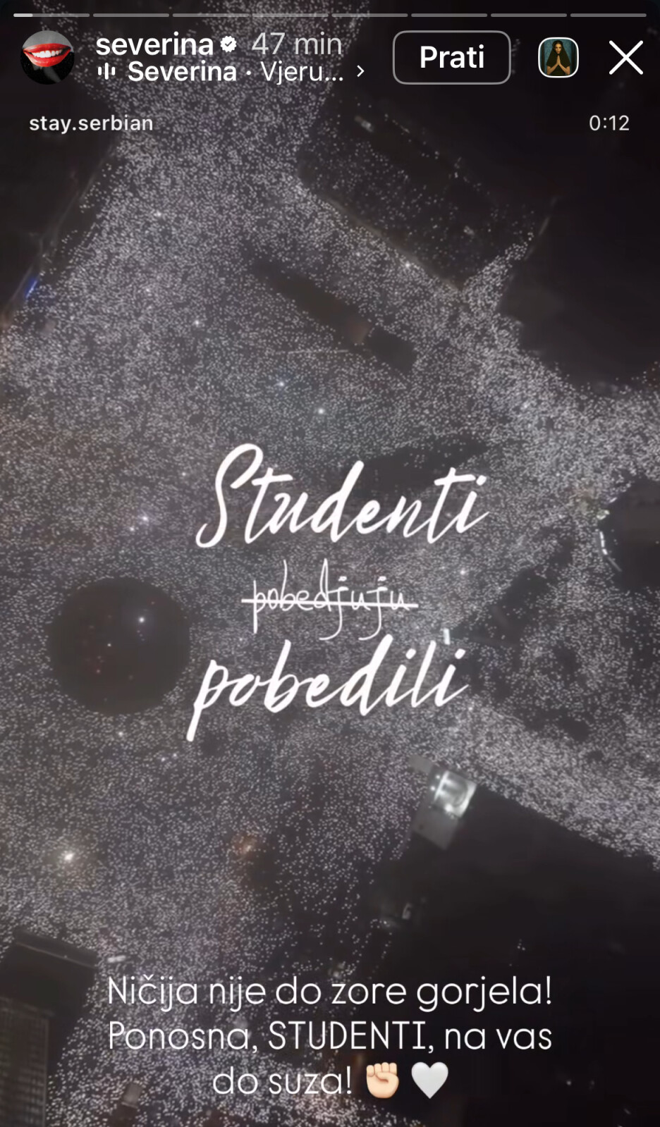 Severina je na Instagramu objavila snimak slavlja s ulica Srbije uz poruku studentima (Foto: Instagram)