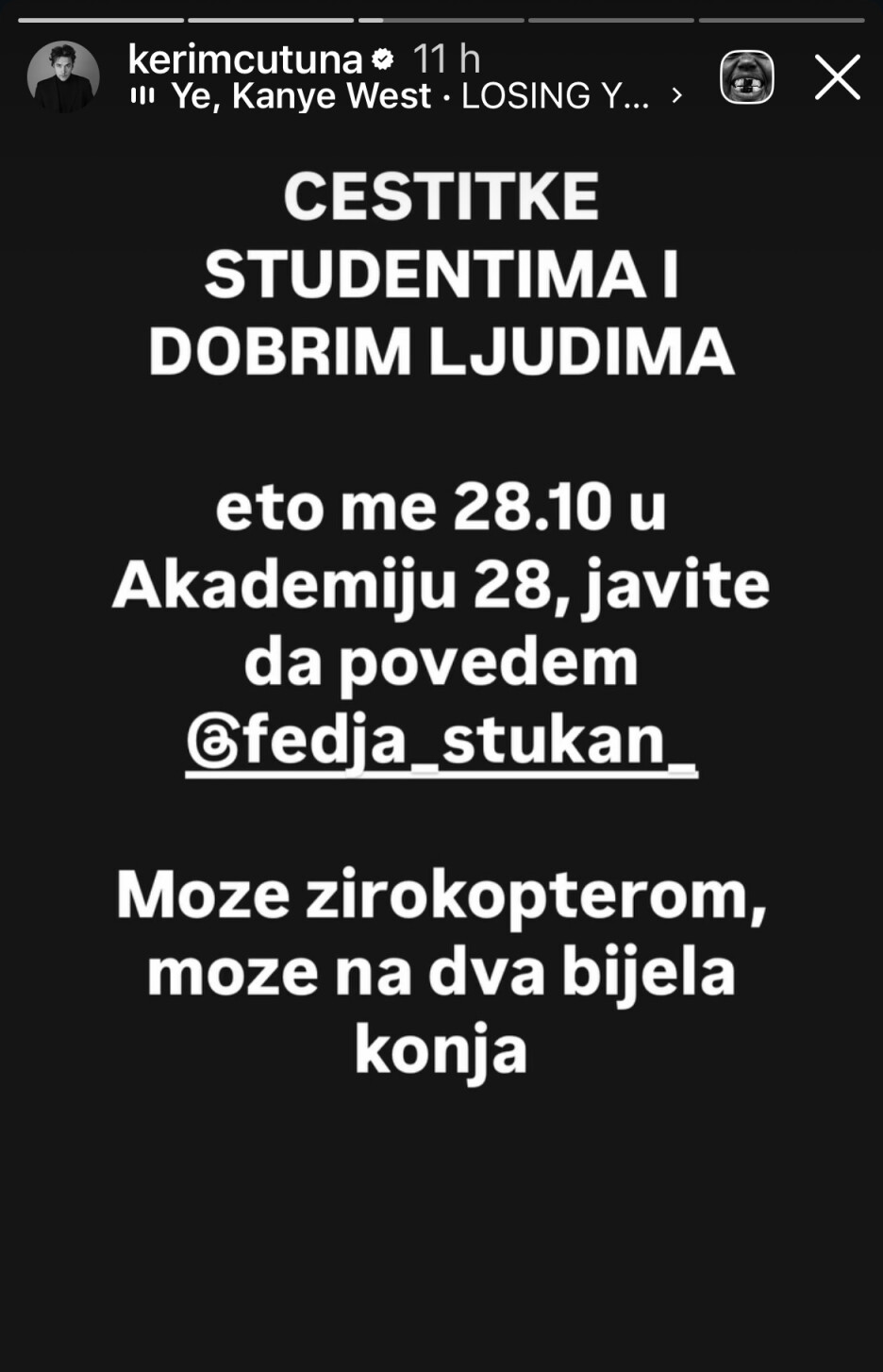 Čutuna je objavu na Instagram storyju započeo čestitkama, uz poruku