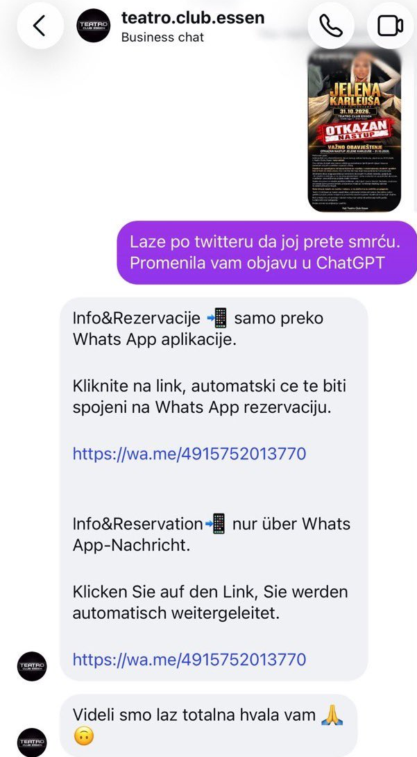 Odgovor kluba korisniku koji ih je upozorio na izmijenjenu objavu (Screenshot: Instagram)