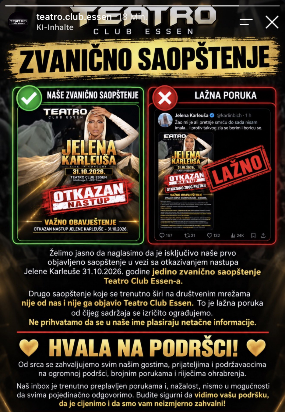Klub je objavu Karleuše označio kao lažnu (Screenshot: Instagram/teatro.club.essen)