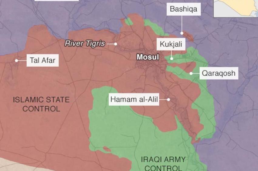 Kontrola teritorije 2. novembra (Crvena - IDIL, zelena - iračka armija, ljubičasta - kurdska armija)