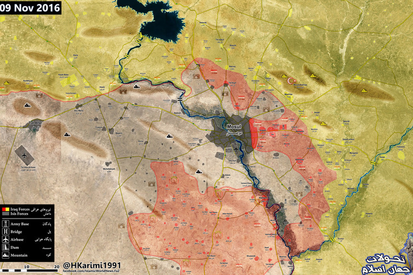 Mapa stara osam dana (Crveno - iračka vojska, žuto - kurdska vojska)