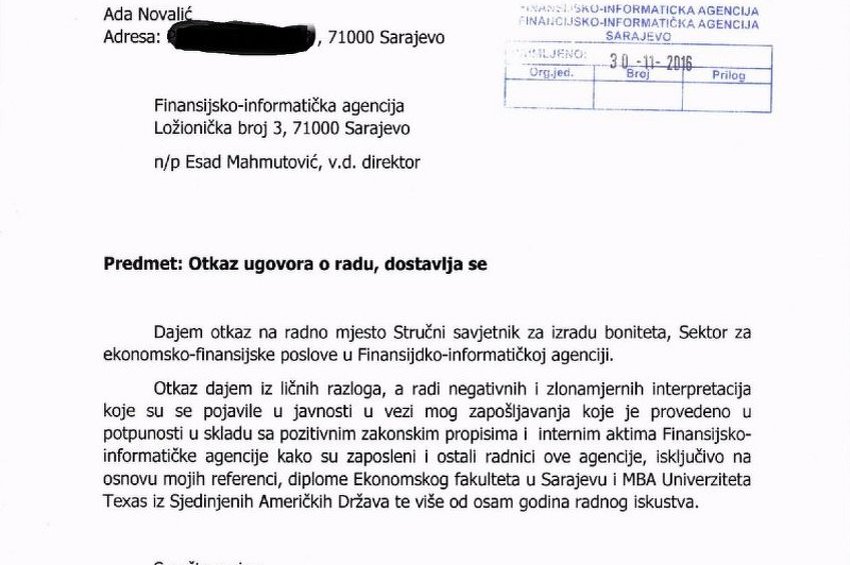 Nakon pisanja portala Klix.ba Ada Novalić dala otkaz u FIA-i iz moralnih razloga
