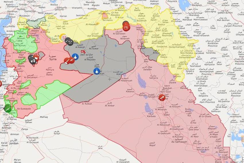 Tamno crveno - sirijske snage, sivo - IDIL, svijetlo crveno - iračke snage, žuto - kurdske snage