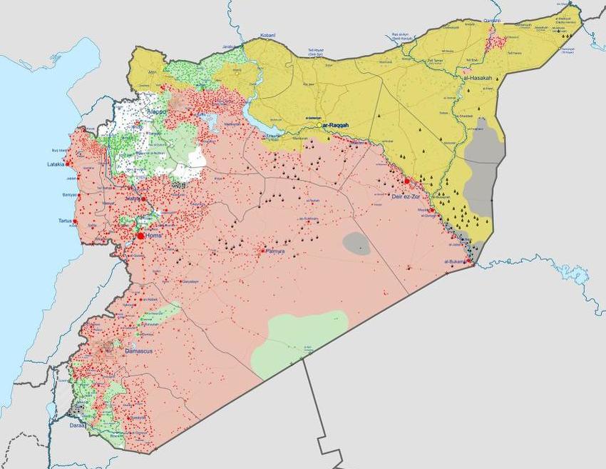 Stanje u novembru: Roze - vladina teritorija, zelena - pobunjenici, žuta - Kurdi i pobunjenici